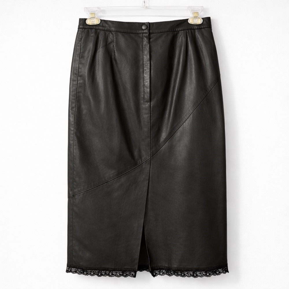 Vintage Cueros El Cabrito Black Leather Midi Skirt – Lace Hem – 29” Waist